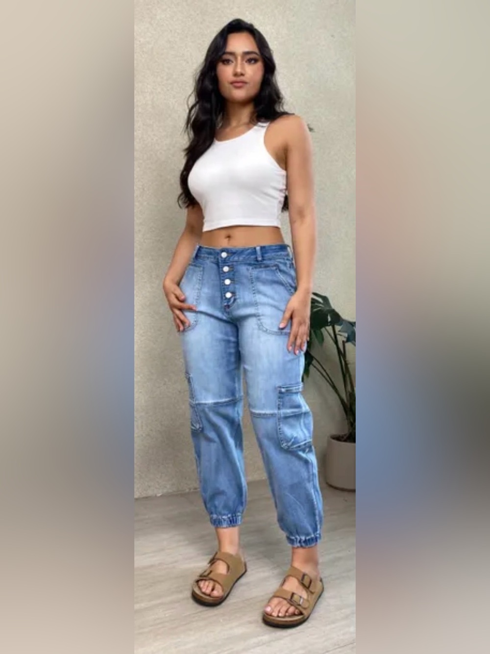 Multi Pocket Button Fly Mid Rise Denim Joggers